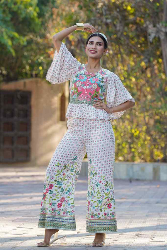 Juniper Women's White Floral Printed Rayon Peplum Co-Ord Set With Buttons - Swadesiicart