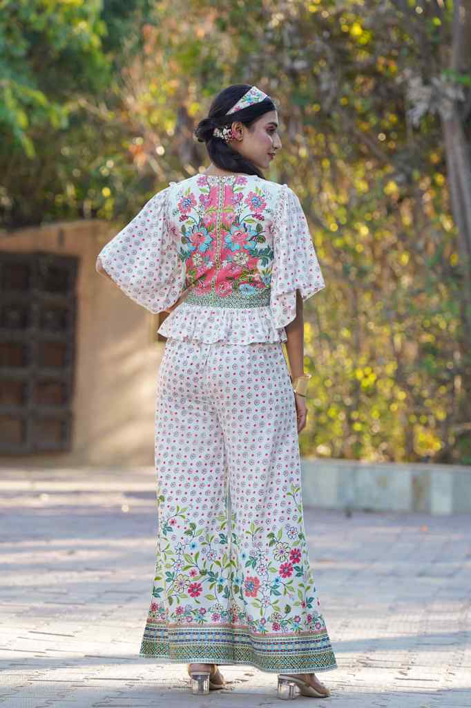 Juniper Women's White Floral Printed Rayon Peplum Co-Ord Set With Buttons - Swadesiicart