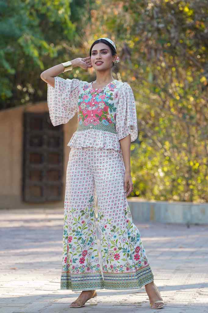Juniper Women's White Floral Printed Rayon Peplum Co-Ord Set With Buttons - Swadesiicart