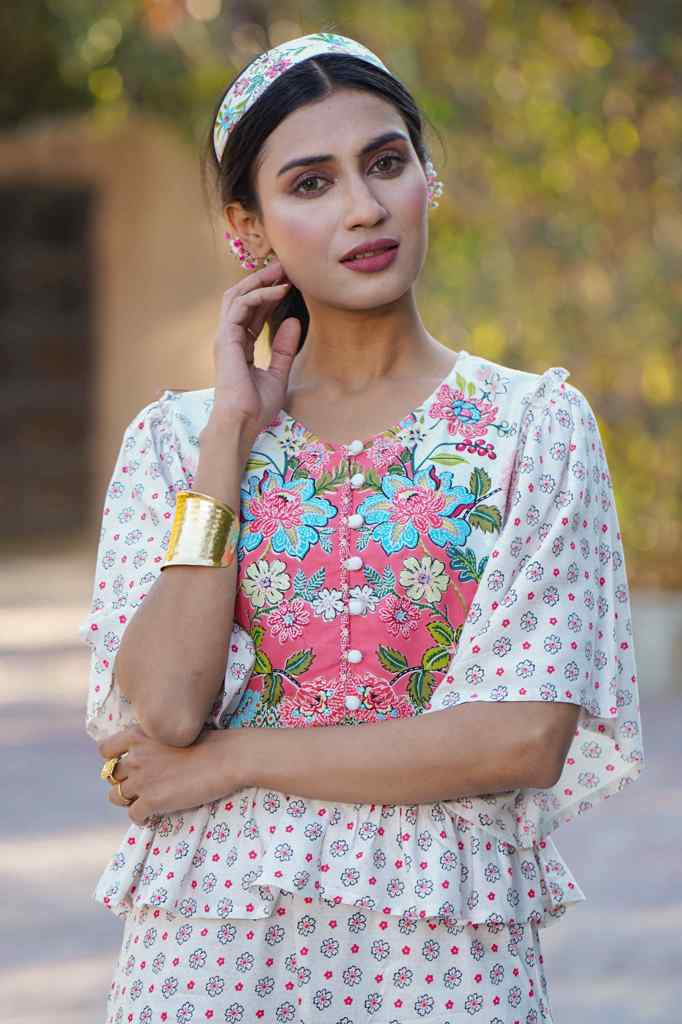Juniper Women's White Floral Printed Rayon Peplum Co-Ord Set With Buttons - Swadesiicart