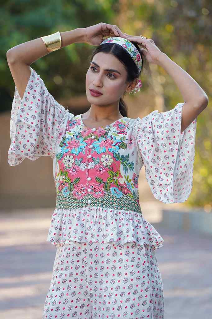 Juniper Women's White Floral Printed Rayon Peplum Co-Ord Set With Buttons - Swadesiicart
