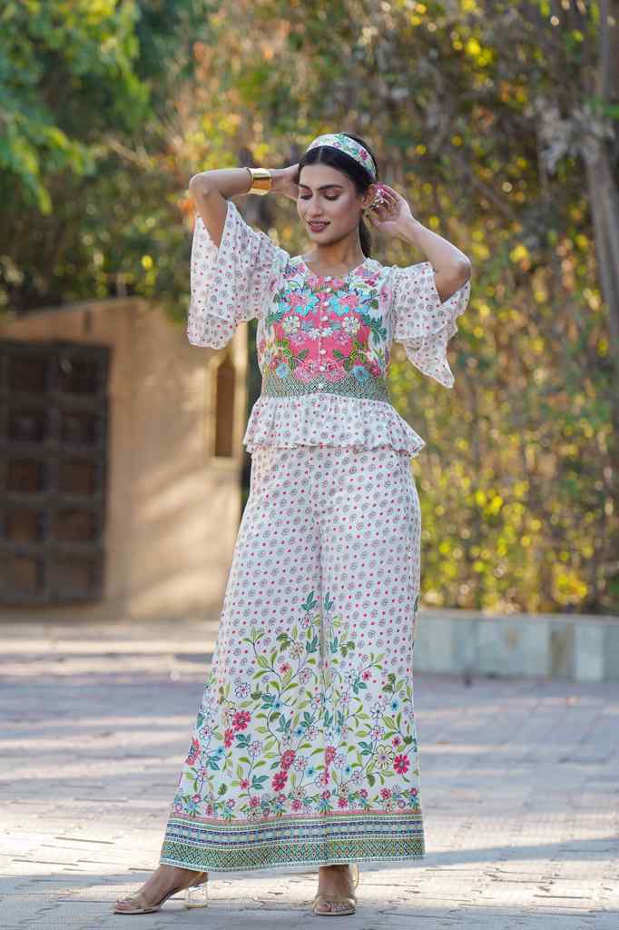 Juniper Women's White Floral Printed Rayon Peplum Co-Ord Set With Buttons - Swadesiicart