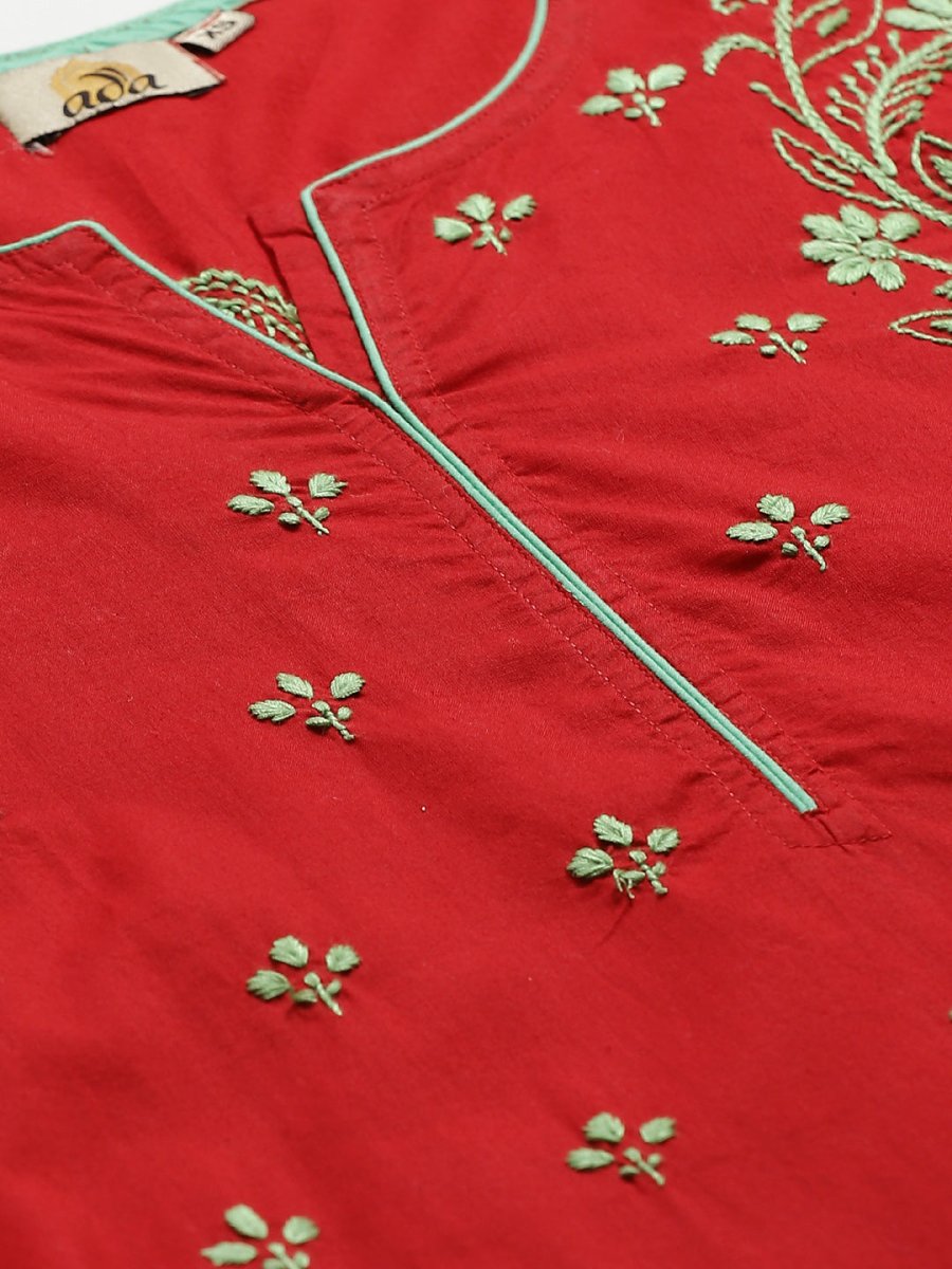 ADA Women Red & Green Chikankari Hand Embroidered Sustainable Handloom Kurta with Trousers | Swadesiicart