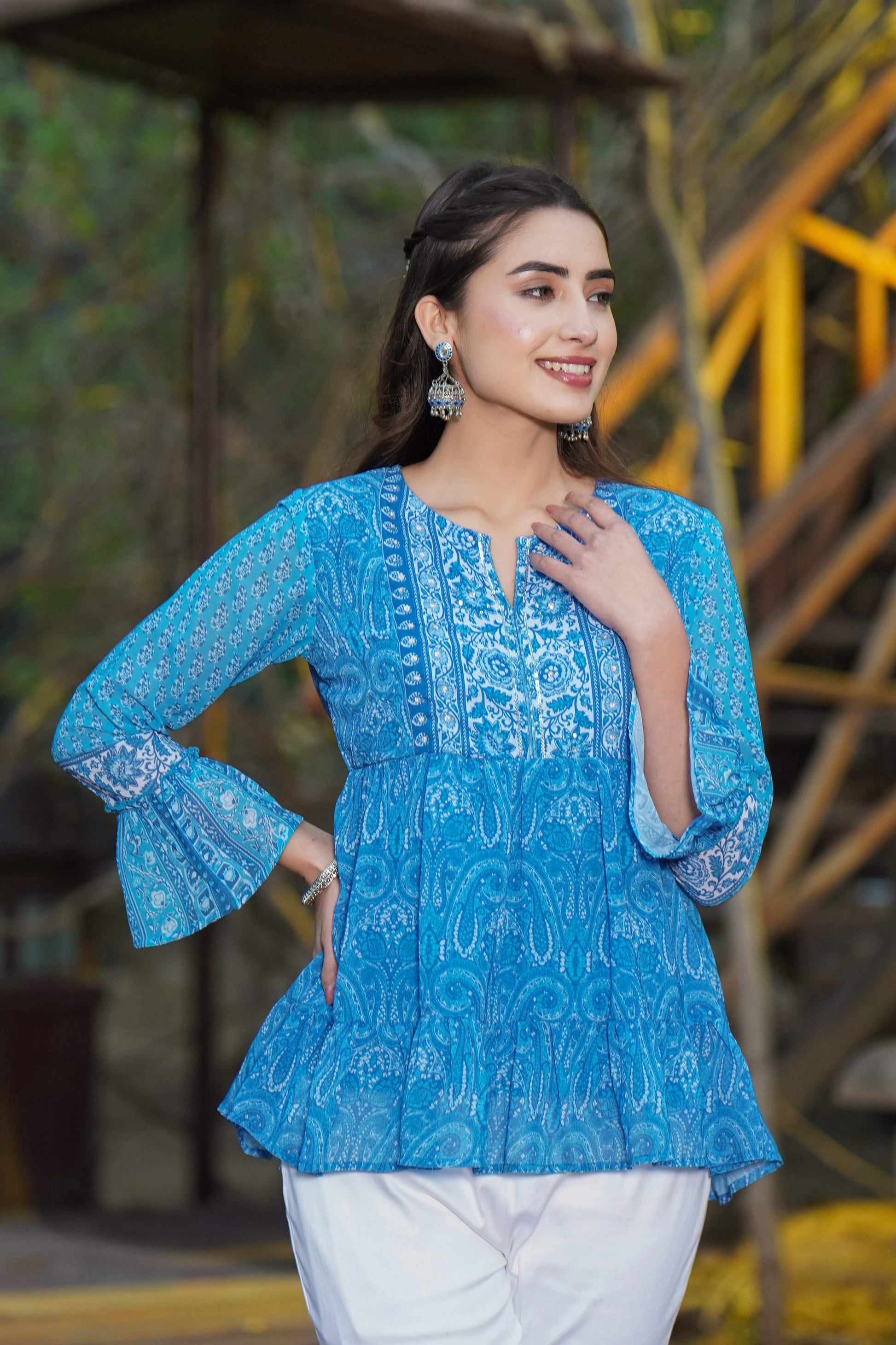 Juniper Women Blue Georgette Printed Tiered Top | Swadesiicart