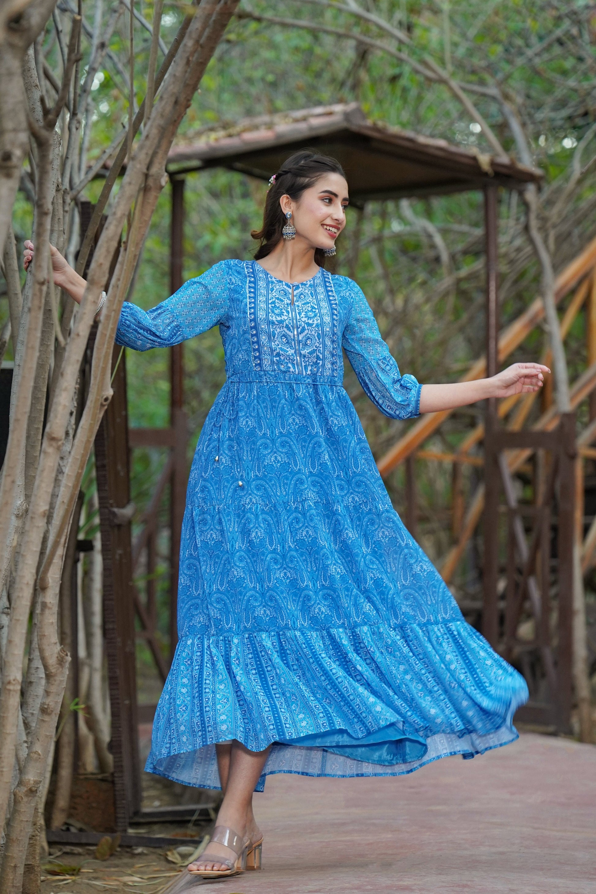 Juniper Womens Blue Georgette Floral Printed Tiered Dress | Swadesiicart