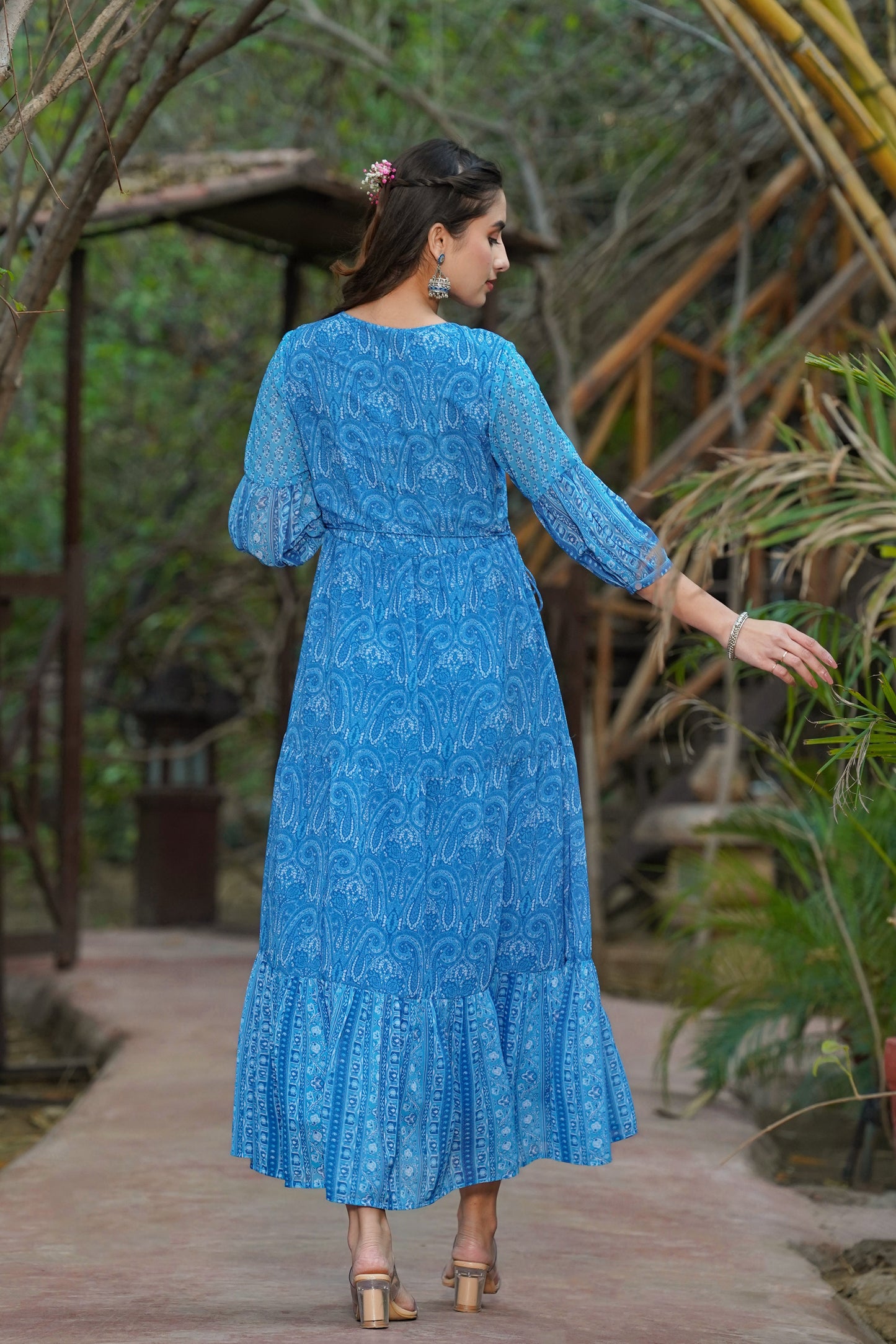 Juniper Womens Blue Georgette Floral Printed Tiered Dress | Swadesiicart