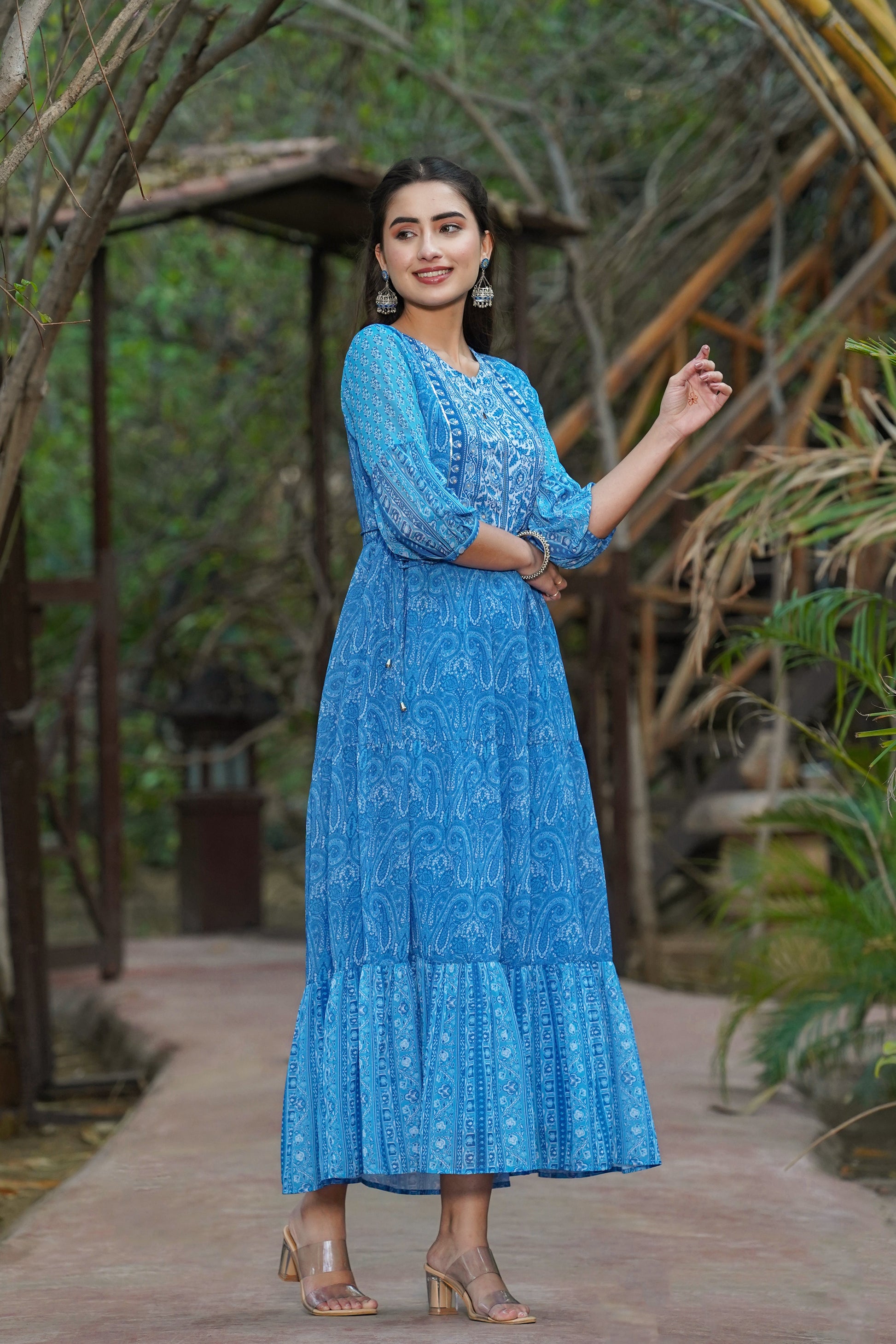 Juniper Womens Blue Georgette Floral Printed Tiered Dress | Swadesiicart