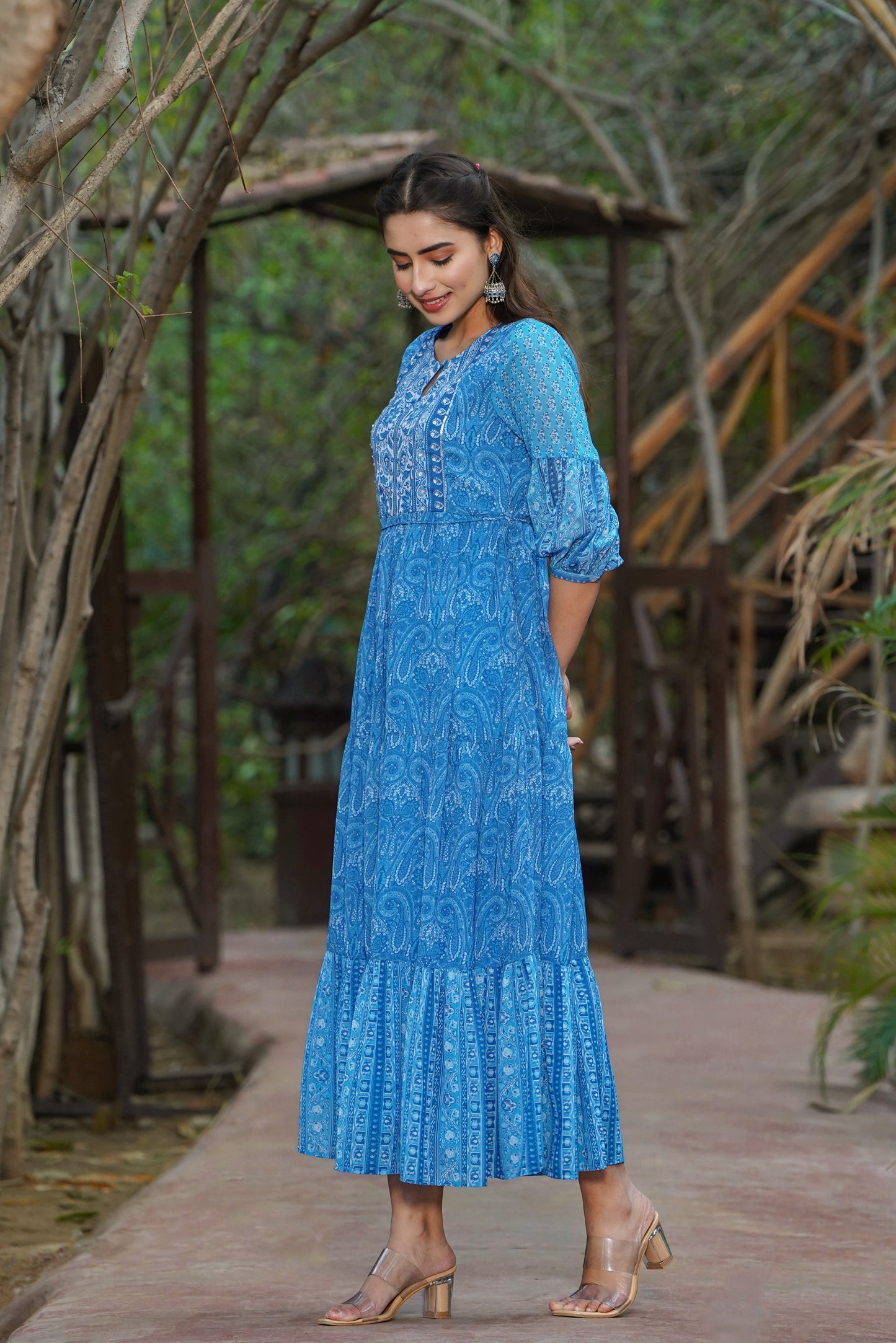 Juniper Womens Blue Georgette Floral Printed Tiered Dress | Swadesiicart