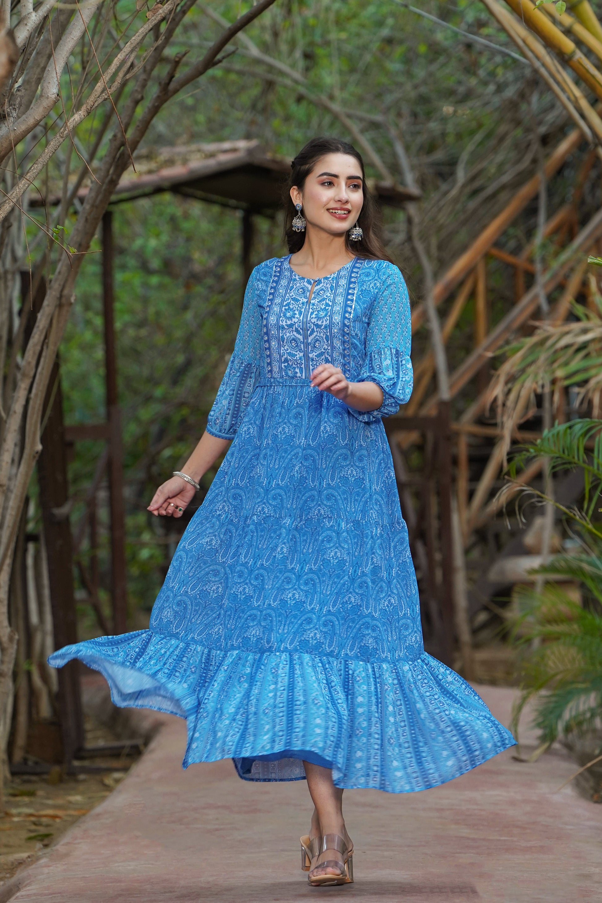 Juniper Womens Blue Georgette Floral Printed Tiered Dress | Swadesiicart