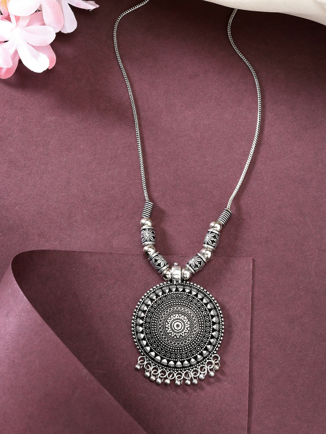 NVR Women's Silver-Toned Circular Shape Pendant with Chain | Swadesiicart