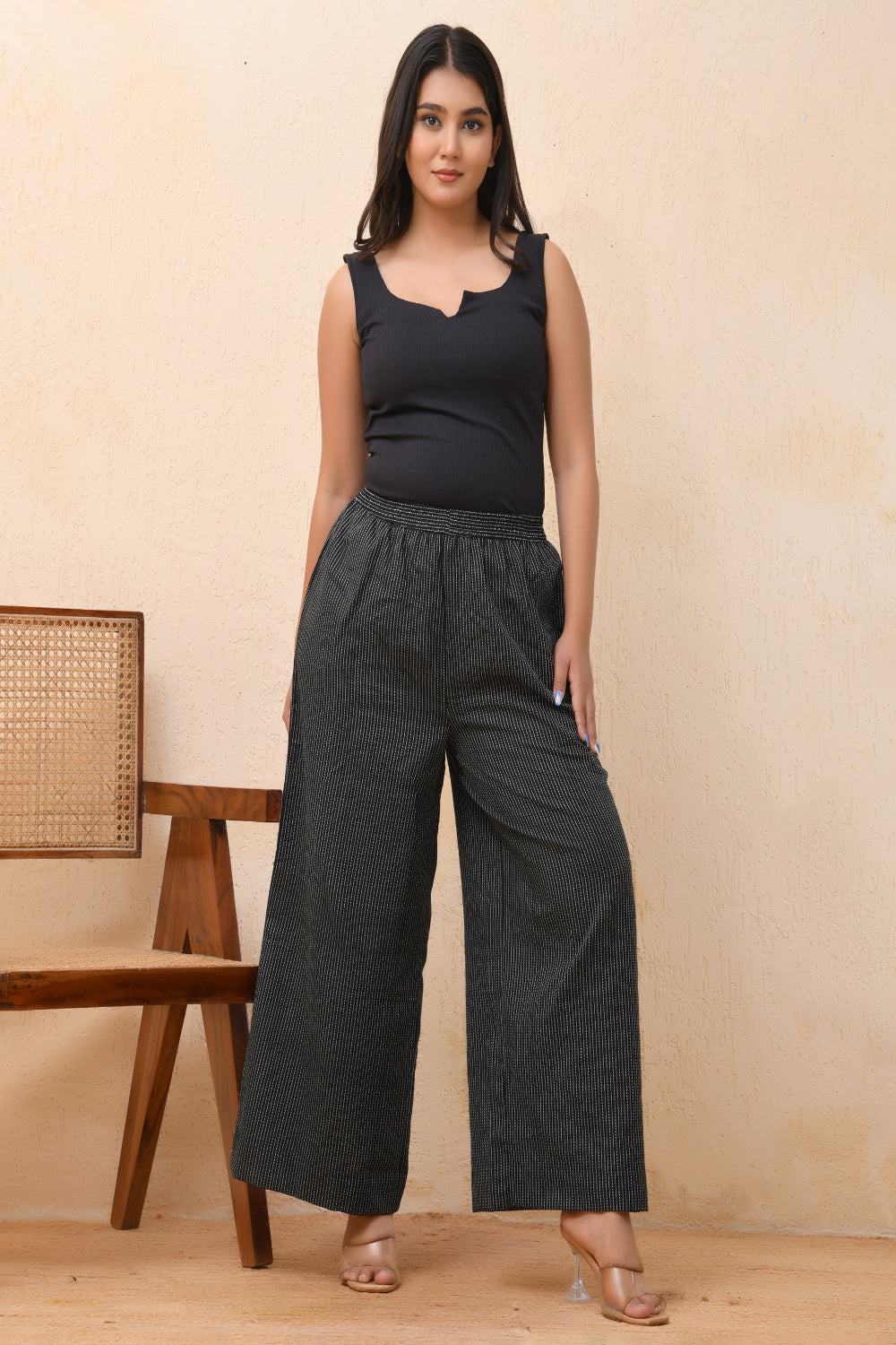 Vaasva Women Black Kantha Flared Pants | Swadesiicart