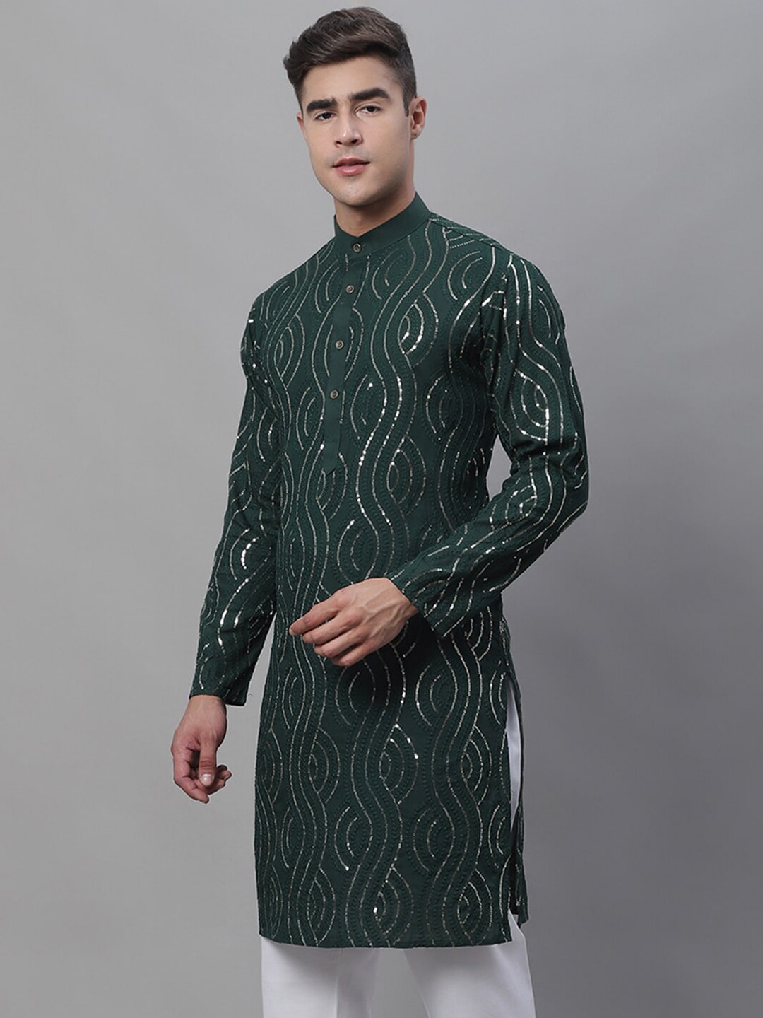 Sojanya Band Collar Sequined Pure Cotton Kurta | Swadesiicart