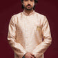 Raivat Ethnic Banarasi Jacquard Embroidery Semi Indo Western Sherwani In Peach Colour | Swadesiicart