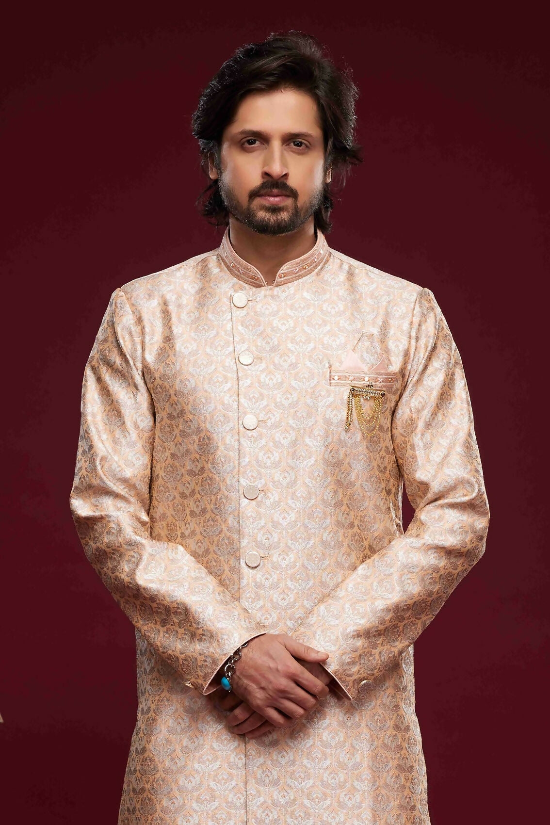 Raivat Ethnic Banarasi Jacquard Embroidery Semi Indo Western Sherwani In Peach Colour | Swadesiicart