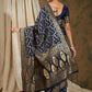 Sangria Navy Blue & Gold-Toned Floral Woven Design Zari Silk Blend Banarasi Saree | Swadesiicart