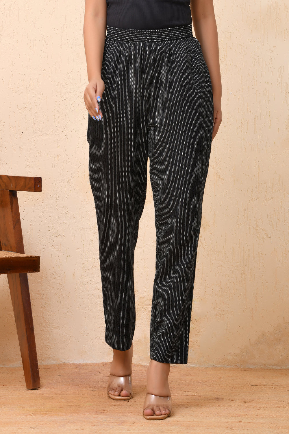 Vaasva Women Black Kantha Straight Fit Pants | Swadesiicart