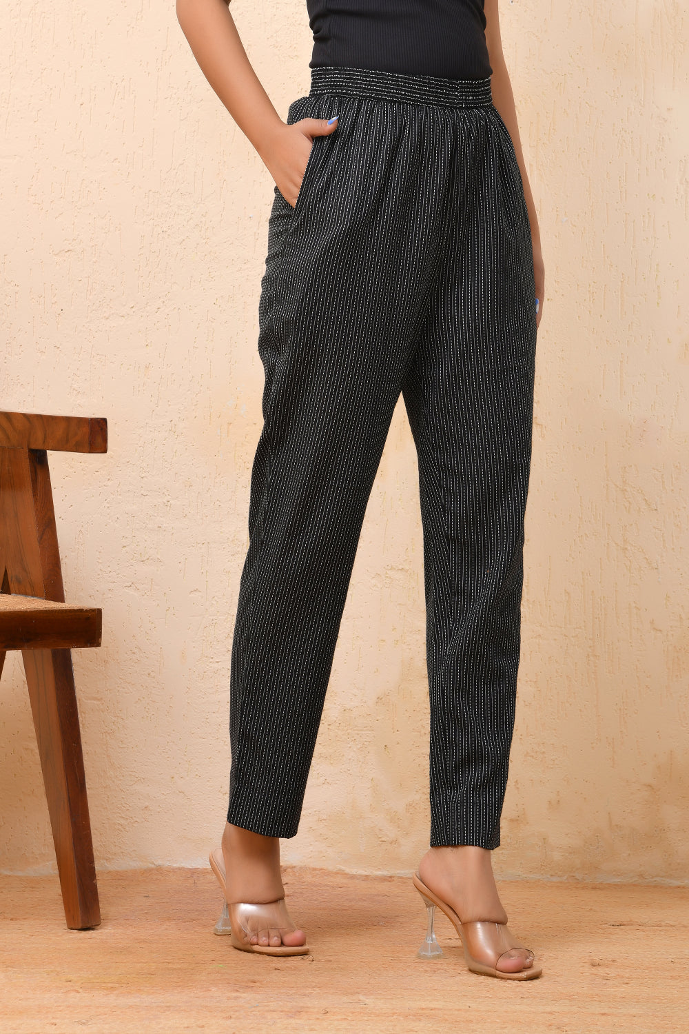 Vaasva Women Black Kantha Straight Fit Pants | Swadesiicart