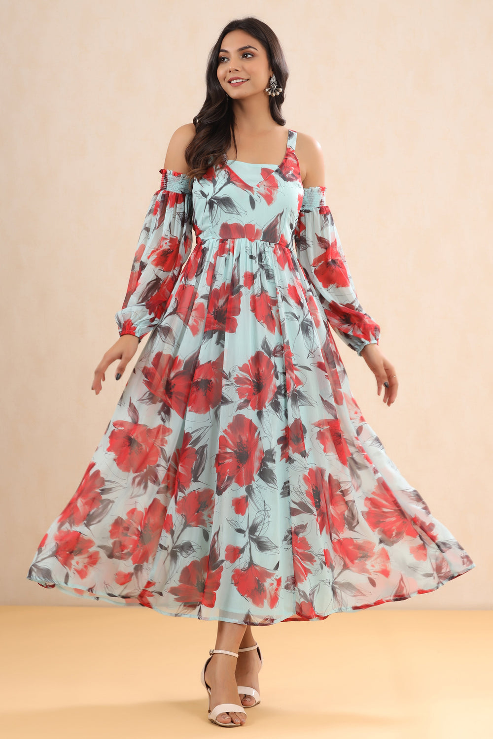 Juniper Women's Mint Chiffon Printed Flared Dress | Swadesiicart