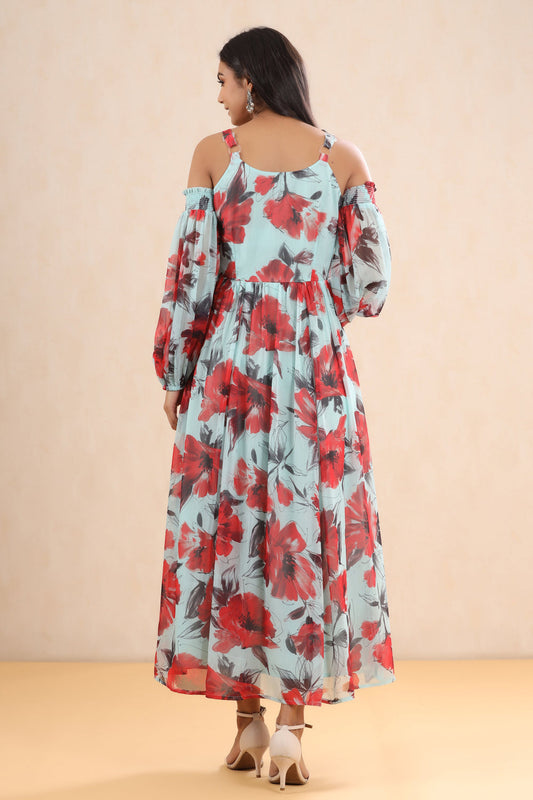 Juniper Women's Mint Chiffon Printed Flared Dress | Swadesiicart