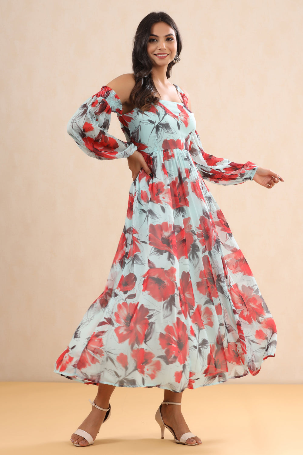 Juniper Women's Mint Chiffon Printed Flared Dress | Swadesiicart