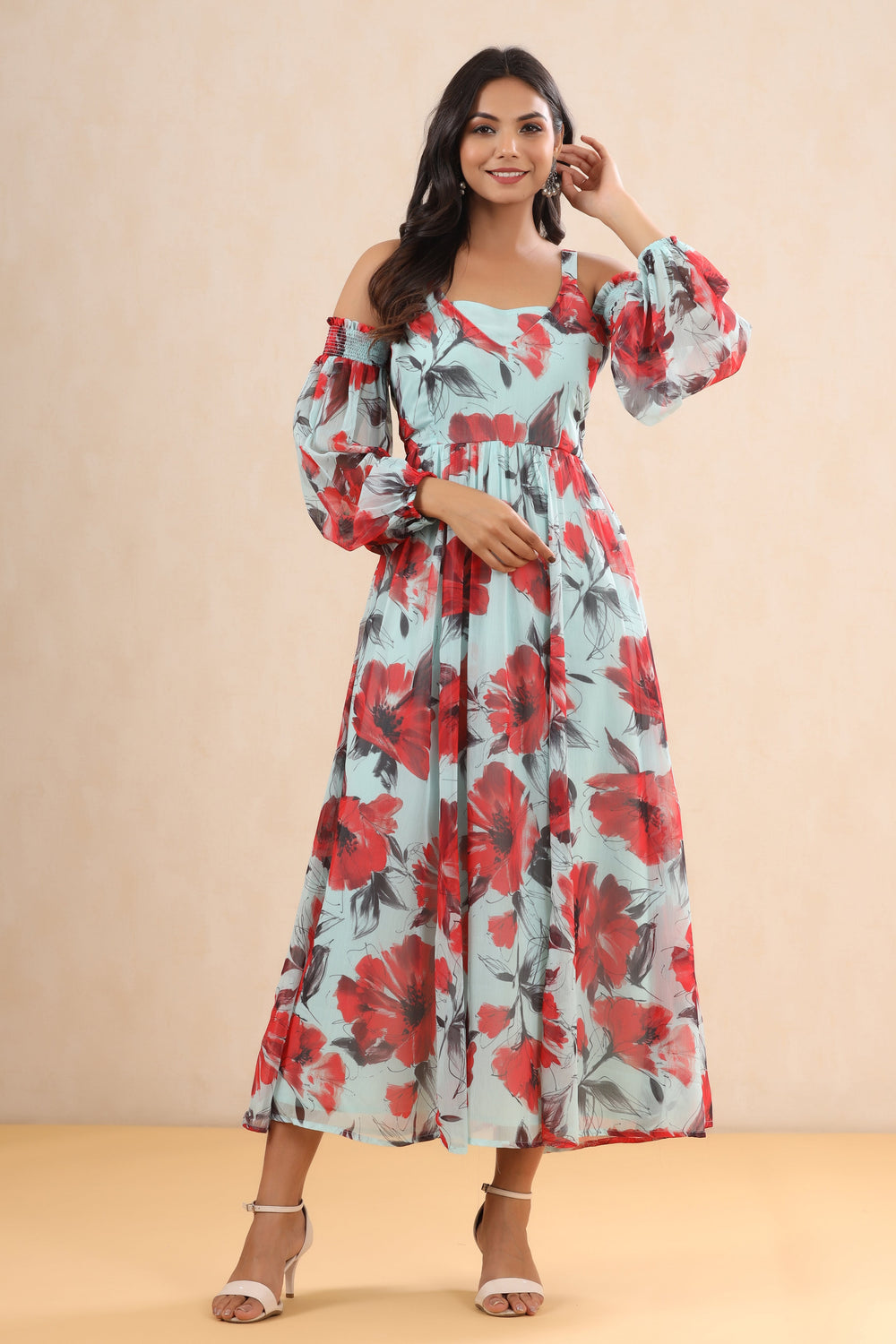 Juniper Women's Mint Chiffon Printed Flared Dress | Swadesiicart