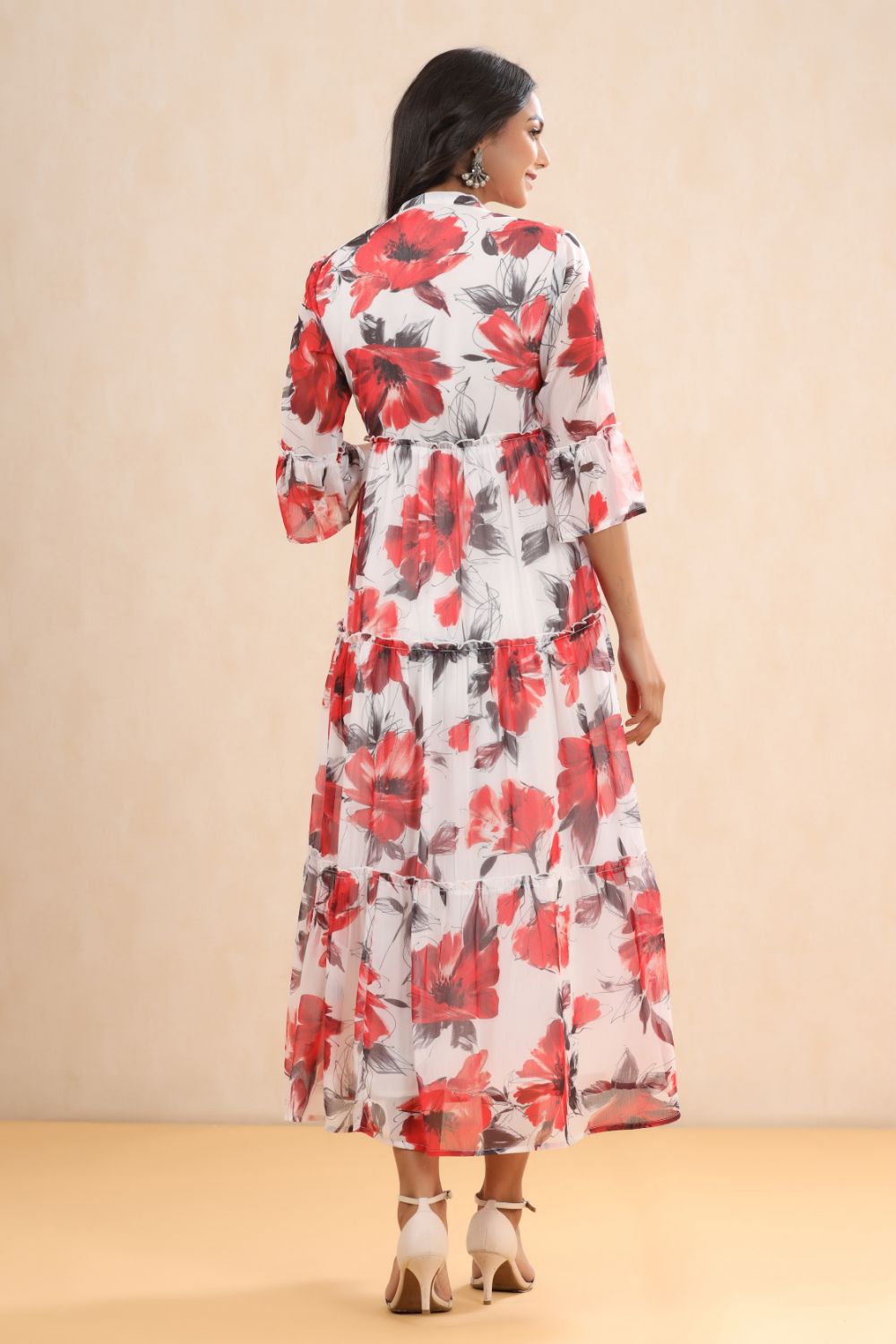 Juniper Womens White Chiffon Floral Printed Tiered Dress | Swadesiicart
