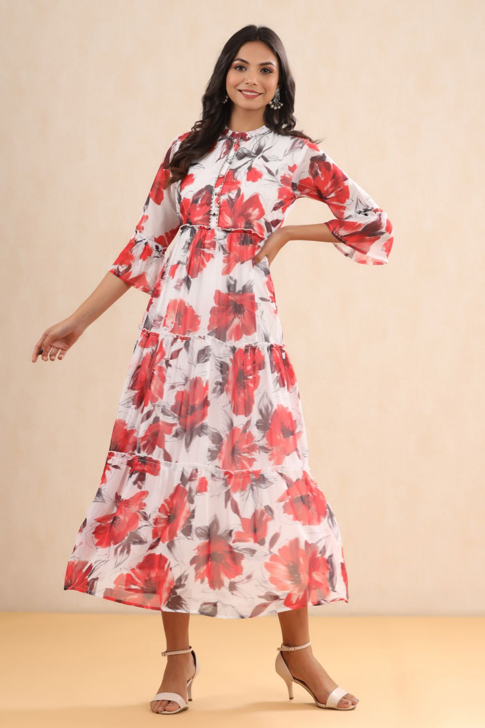 Juniper Womens White Chiffon Floral Printed Tiered Dress | Swadesiicart