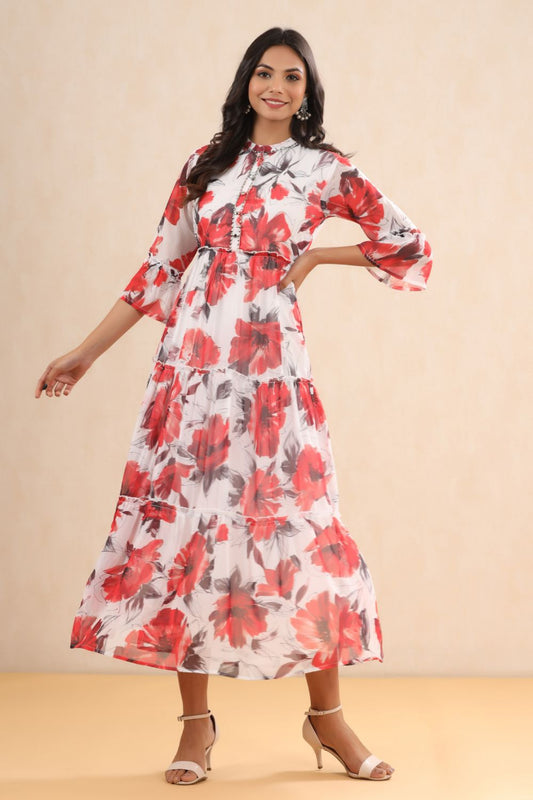 Juniper Womens White Chiffon Floral Printed Tiered Dress | Swadesiicart
