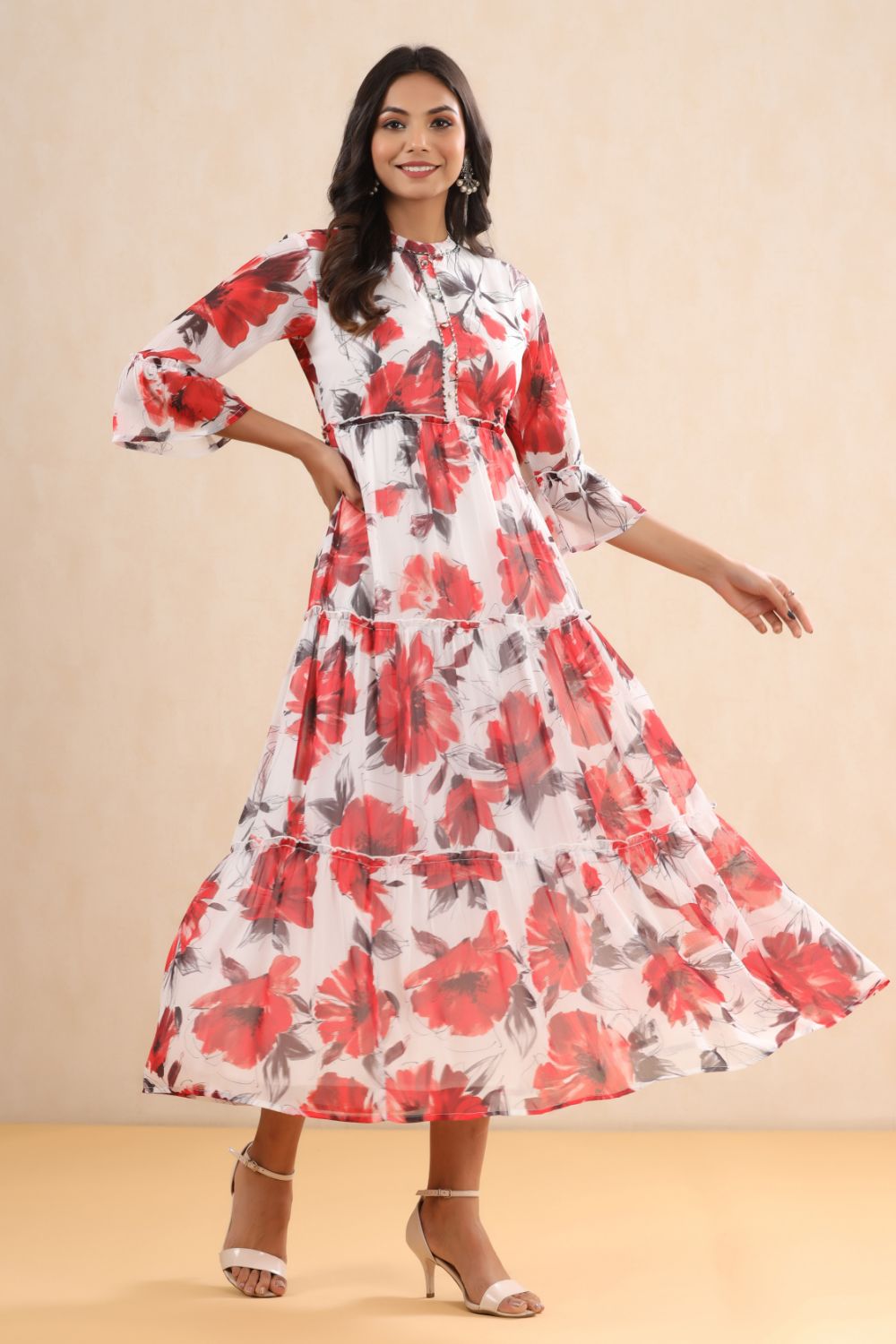 Juniper Womens White Chiffon Floral Printed Tiered Dress | Swadesiicart