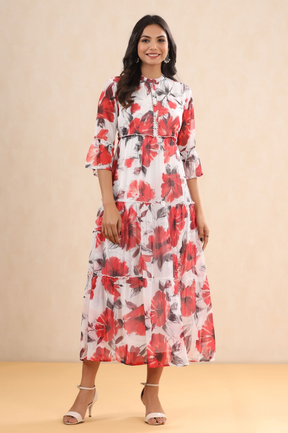 Juniper Womens White Chiffon Floral Printed Tiered Dress | Swadesiicart