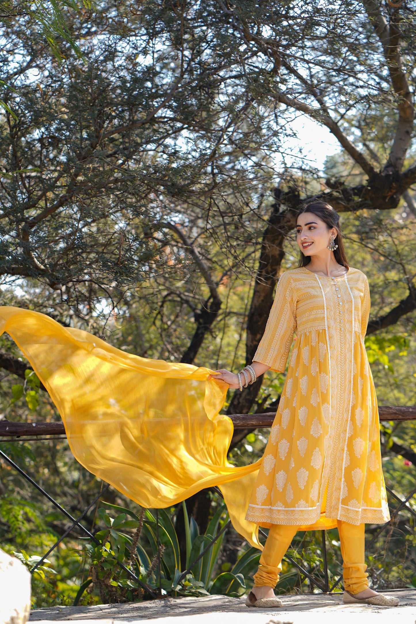Juniper Women Yellow Georgette Printed Flared Kurta Sets - Swadesiicart