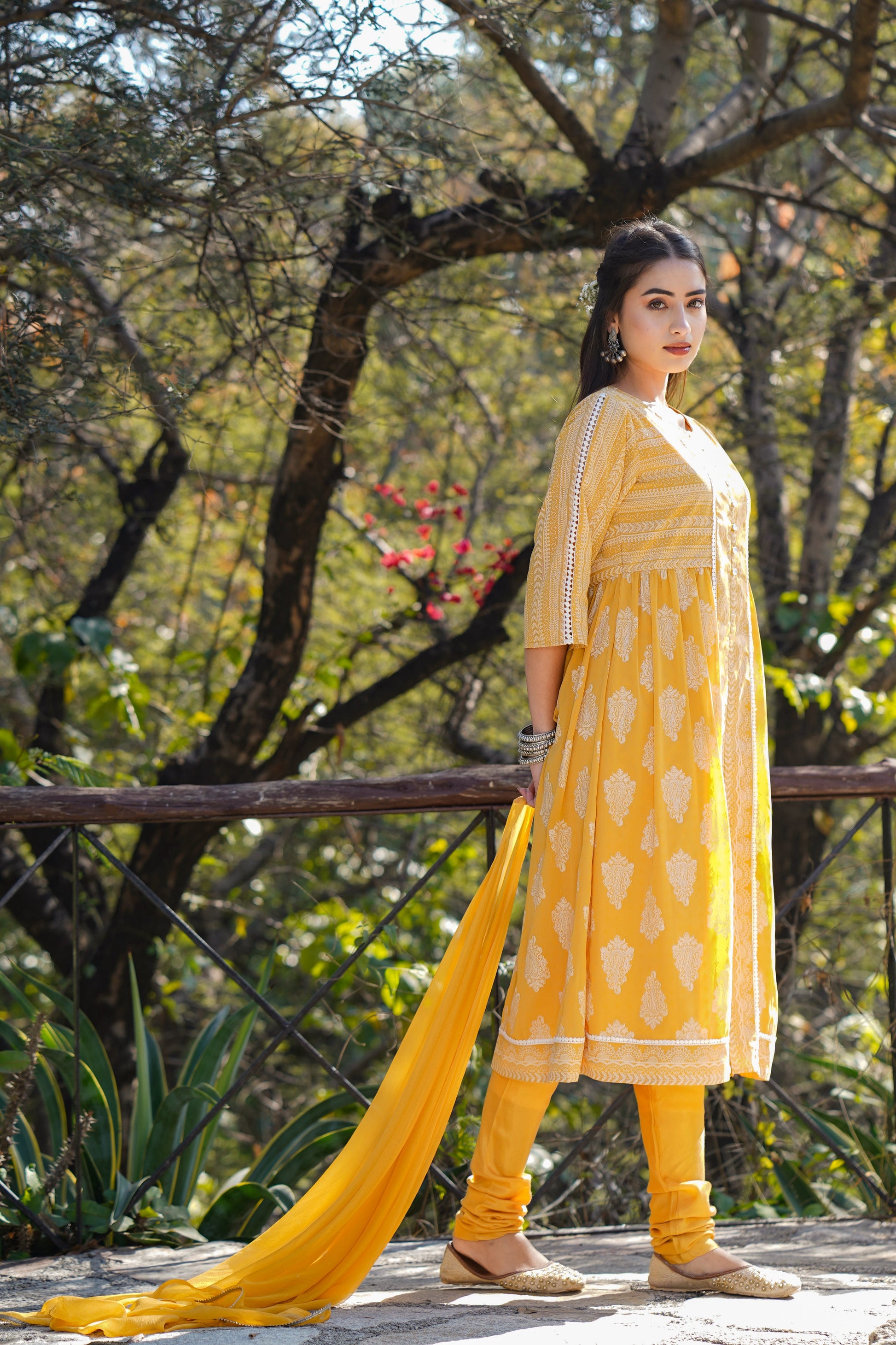 Juniper Women Yellow Georgette Printed Flared Kurta Sets - Swadesiicart