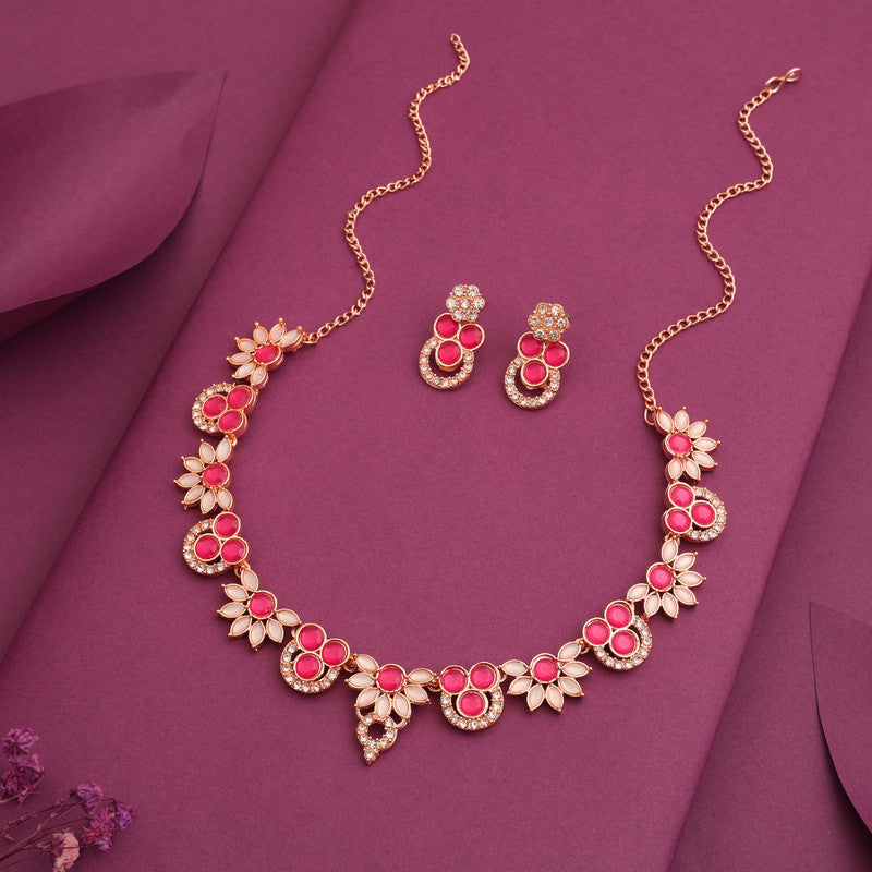 Tehzeeb Creations Gold Pleate Pink Choker Necklace With Stud - Swadesiicart