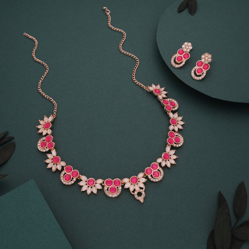 Tehzeeb Creations Gold Pleate Pink Choker Necklace With Stud - Swadesiicart