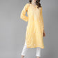 ADA Women Yellow & White Cotton Sustainable Hand Embroidered Chikankari Kurta & Trousers | Swadesiicart