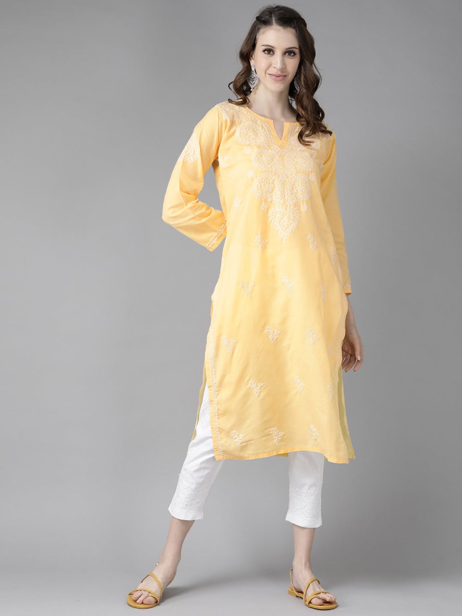 ADA Women Yellow & White Cotton Sustainable Hand Embroidered Chikankari Kurta & Trousers | Swadesiicart