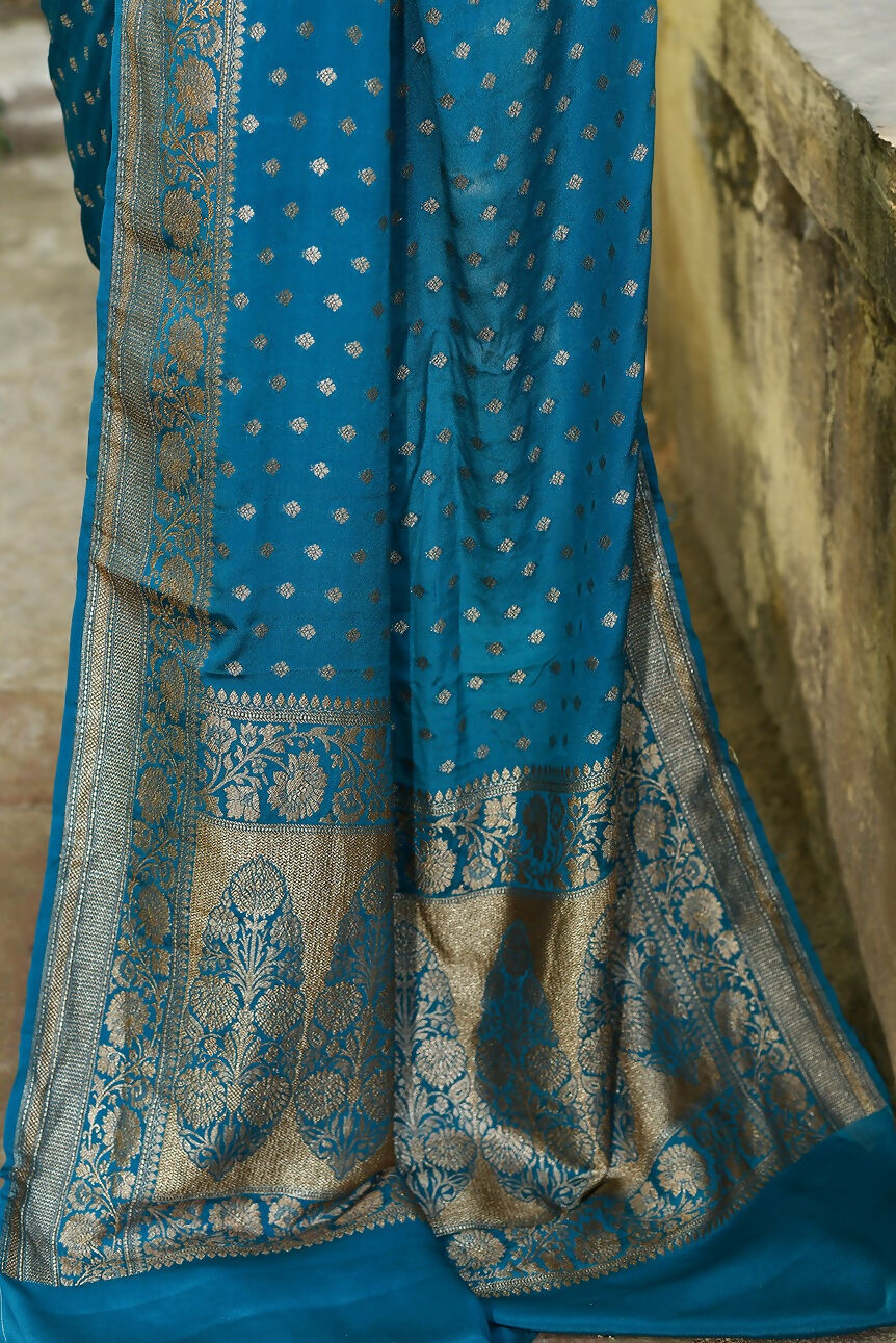 Joban Fashion Peacock Crepe Chiffon Pure Handloom Banarasi Silk Saree | Swadesiicart