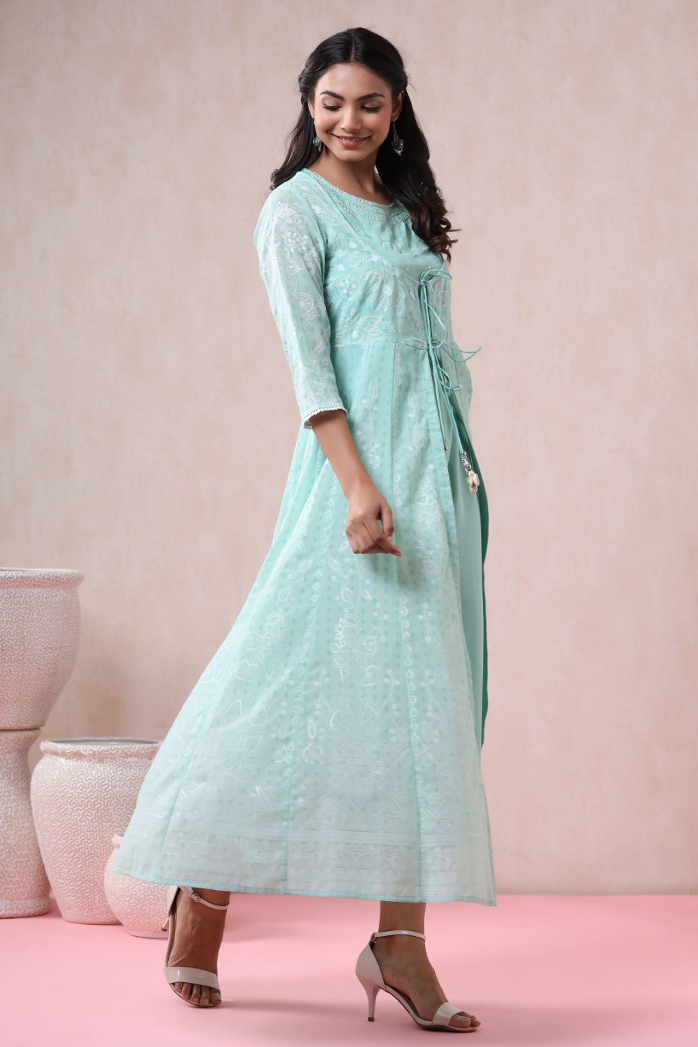 Juniper Womens Mint Georgette Foil Printed Double Layred Anarkali Dress | Swadesiicart