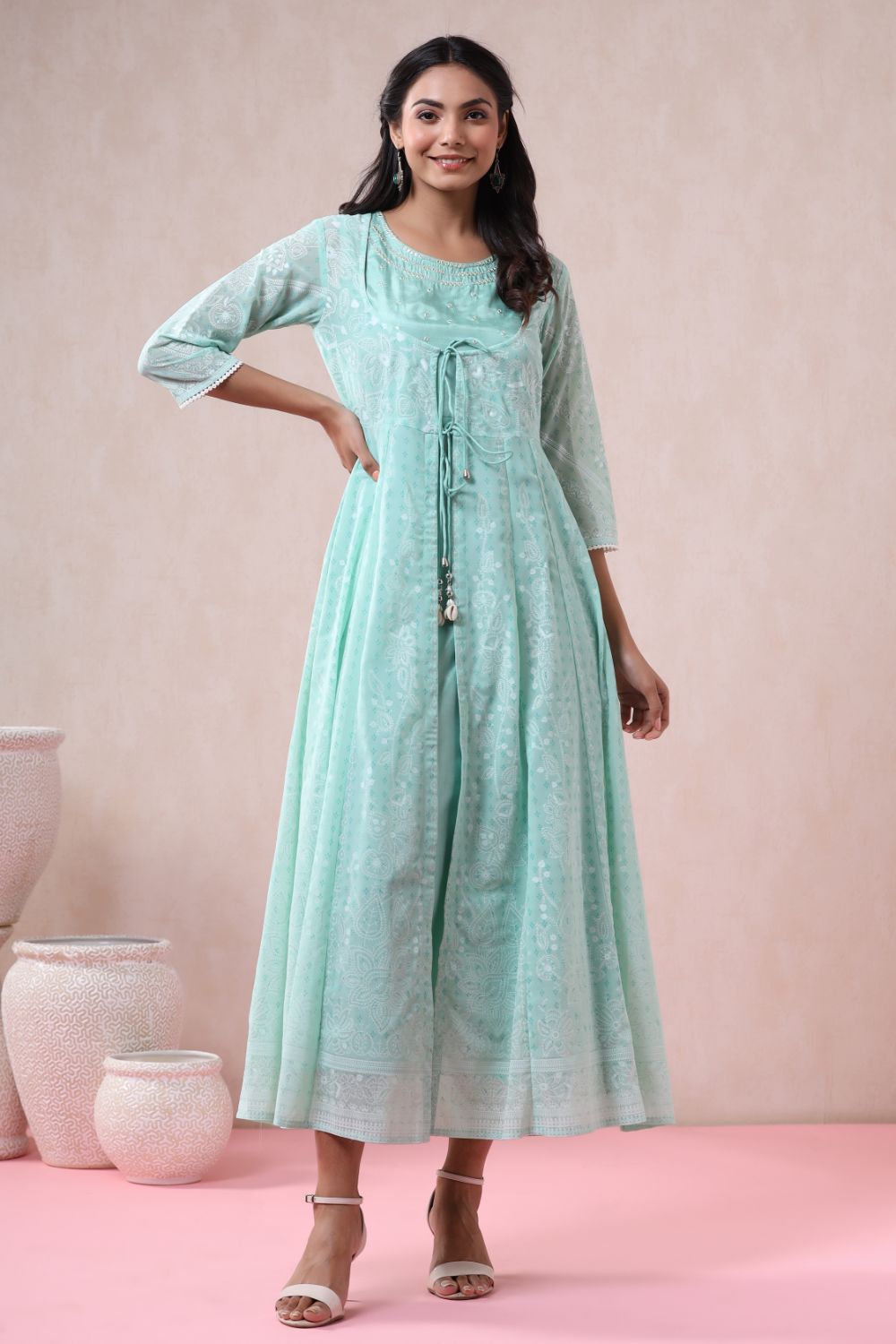 Juniper Womens Mint Georgette Foil Printed Double Layred Anarkali Dress | Swadesiicart