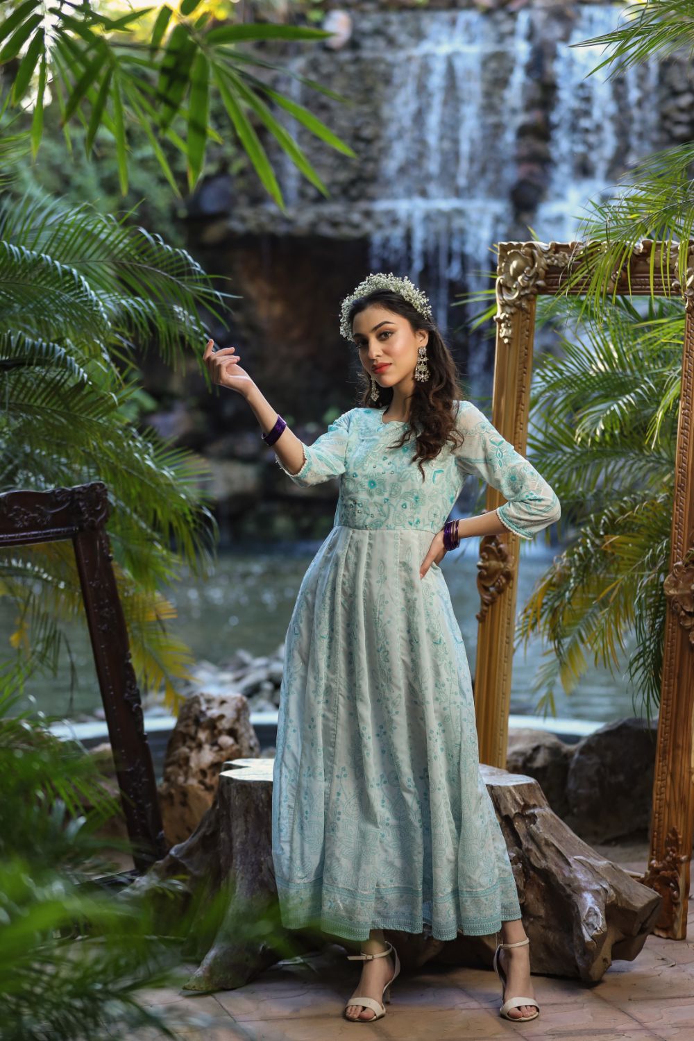 Juniper Womens Bluemulti Georgette Foil Printed Anarkali Dress | Swadesiicart