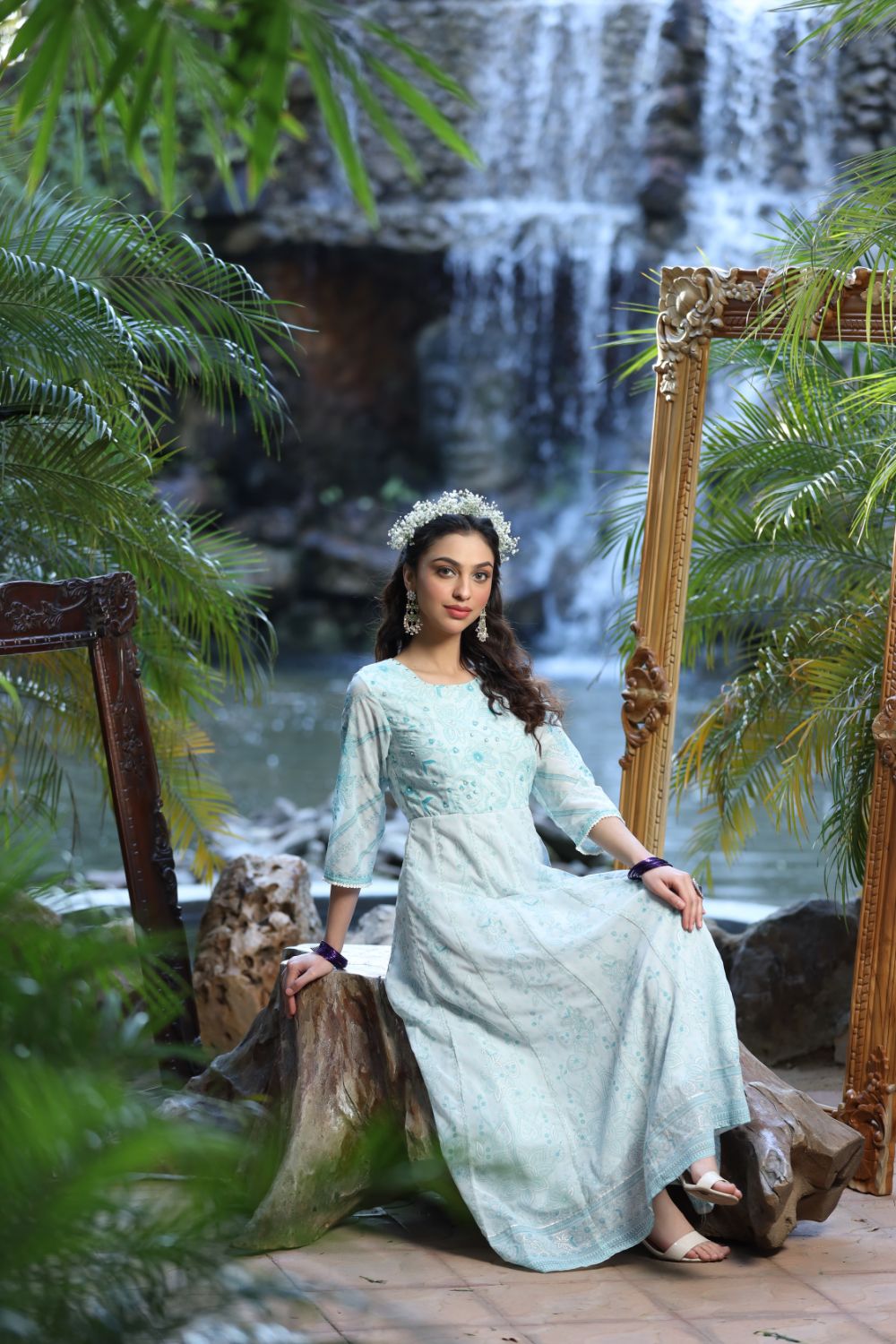 Juniper Womens Bluemulti Georgette Foil Printed Anarkali Dress | Swadesiicart