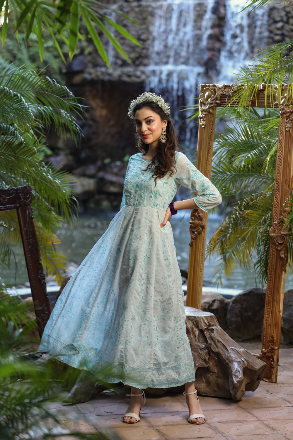 Juniper Womens Bluemulti Georgette Foil Printed Anarkali Dress | Swadesiicart
