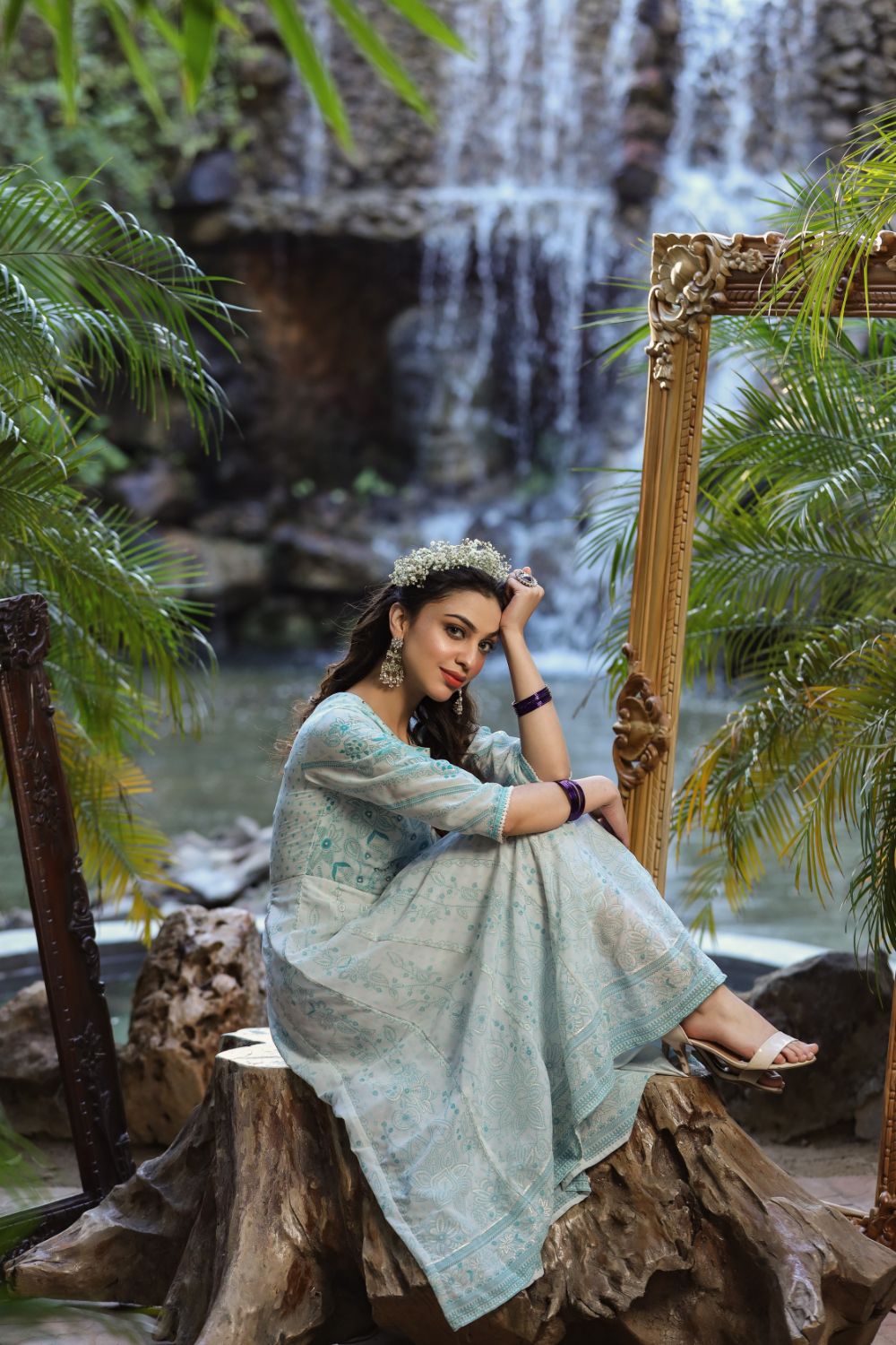 Juniper Womens Bluemulti Georgette Foil Printed Anarkali Dress | Swadesiicart