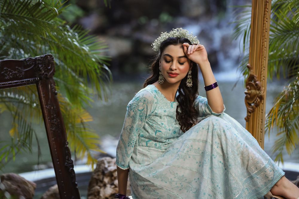 Juniper Womens Bluemulti Georgette Foil Printed Anarkali Dress | Swadesiicart