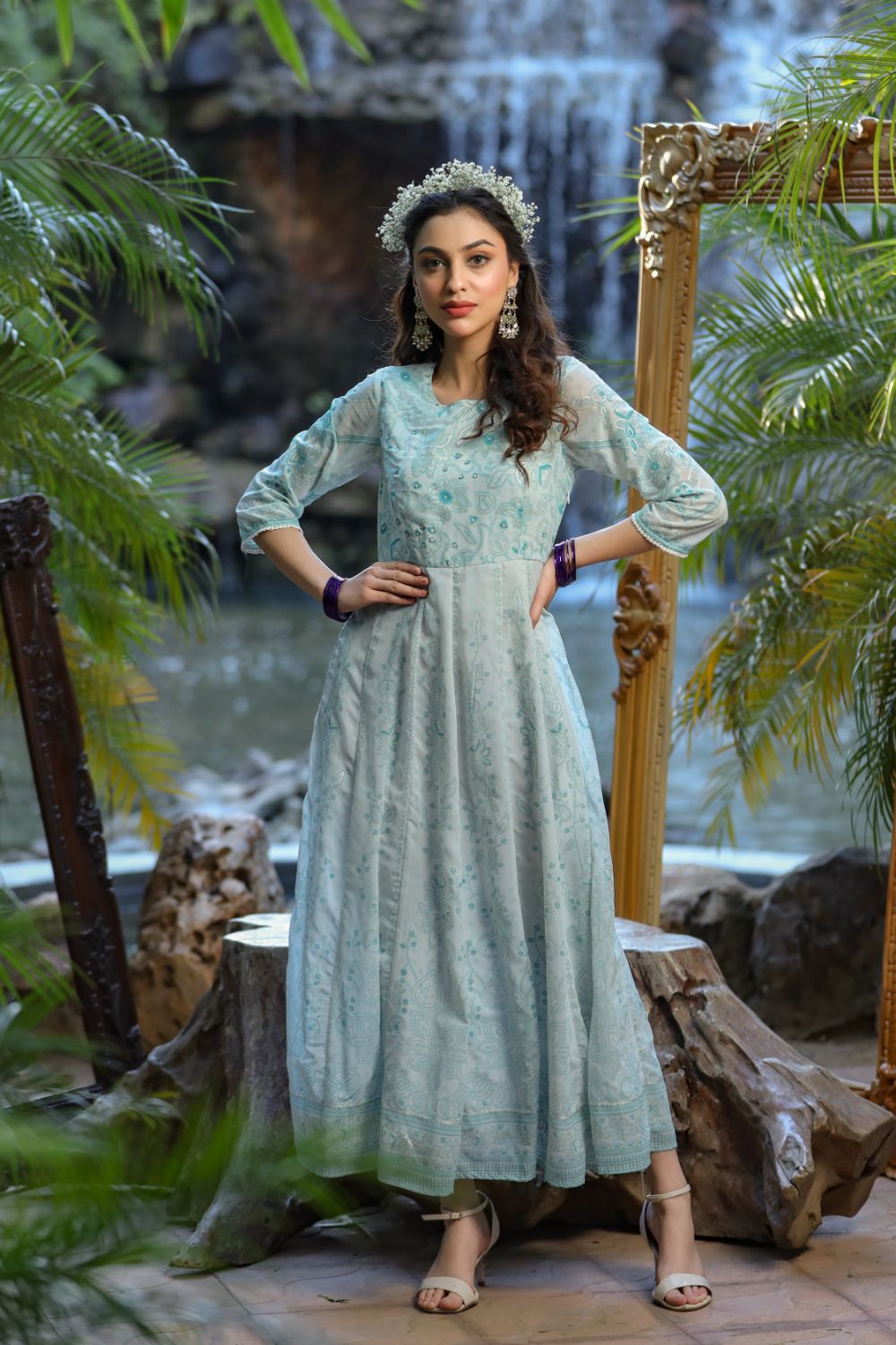 Juniper Womens Bluemulti Georgette Foil Printed Anarkali Dress | Swadesiicart