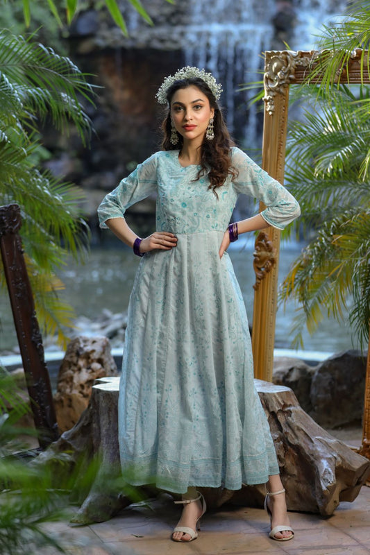 Juniper Womens Bluemulti Georgette Foil Printed Anarkali Dress | Swadesiicart