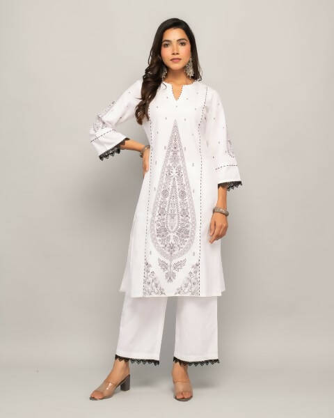 Indian Clothing FIORRA Women's White Cotton Straight Kurta Palazzo Set - Swadesiicart