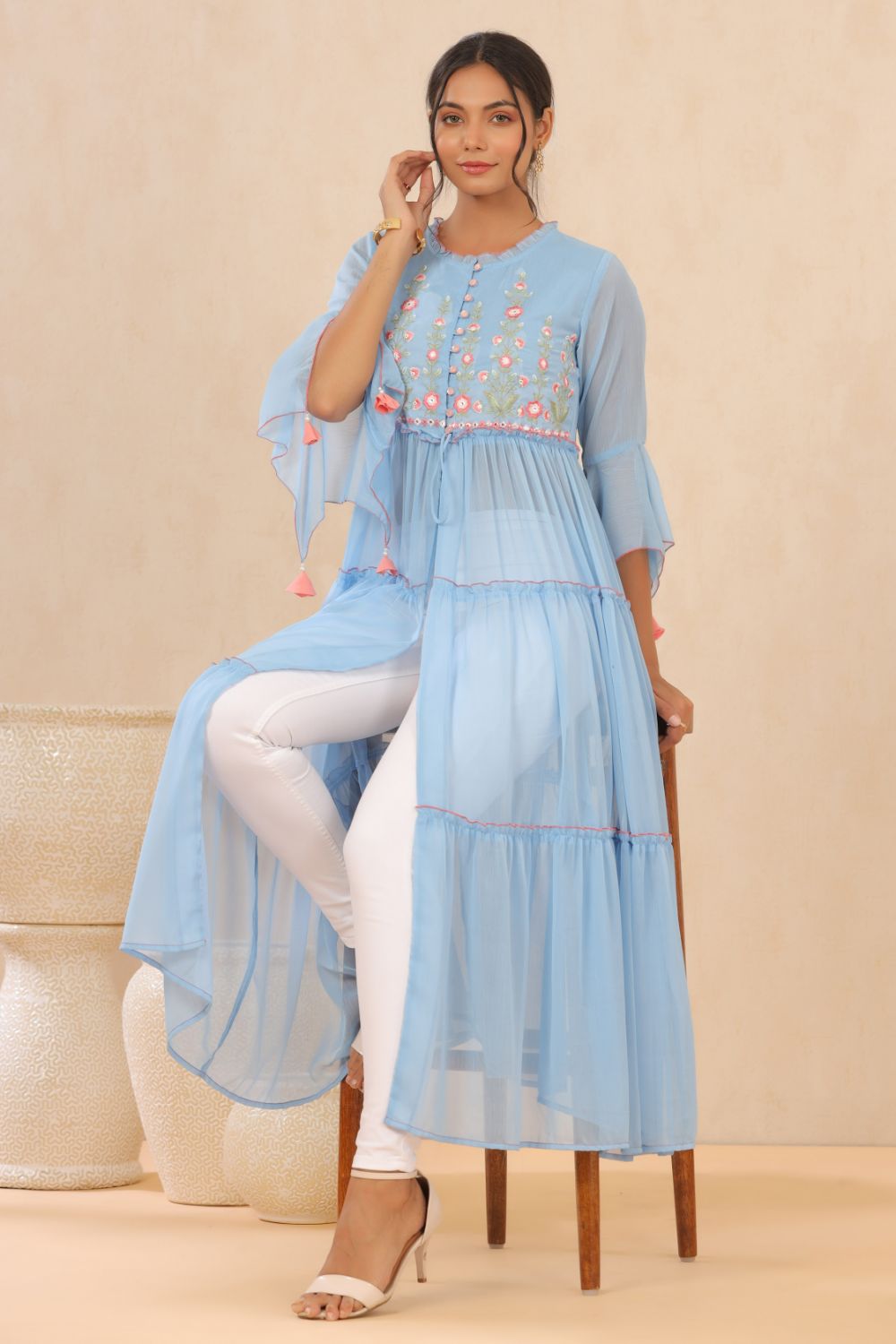 Juniper Womens Powderblue Chiffon Embroidered Tiered Kurta | Swadesiicart