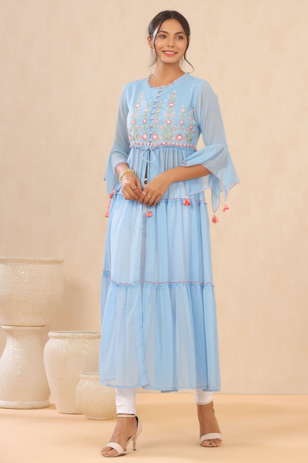 Juniper Womens Powderblue Chiffon Embroidered Tiered Kurta | Swadesiicart