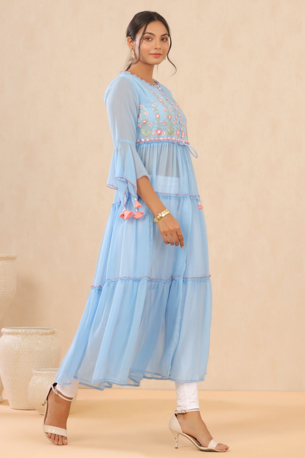 Juniper Womens Powderblue Chiffon Embroidered Tiered Kurta | Swadesiicart